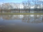 Snímek rozlité Berounky u Prahy v polích. A to voda byla před dnem i na místní silnici.