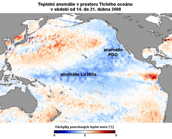 Teplotní anomálie v prostoru Tichého oceánu v roce 2008