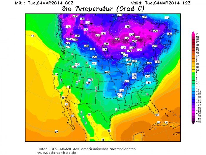 Odpolední teploty v USA podle GFS
