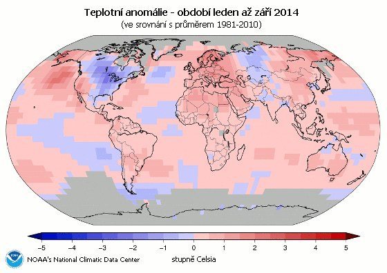 Teplotní anomálie - leden až září 2014. 