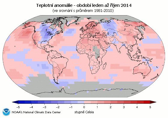 Teplotní anomáline za období leden až říjen 2014