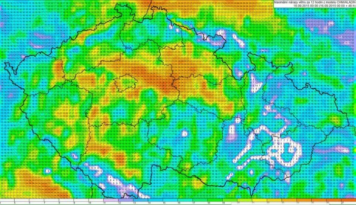 Maximální nárazy větru za 12.hodin z modelu Aladin v období od 17.9. 12.UTC do 18.9. 00 UTC, zdroj: ČHMÚ