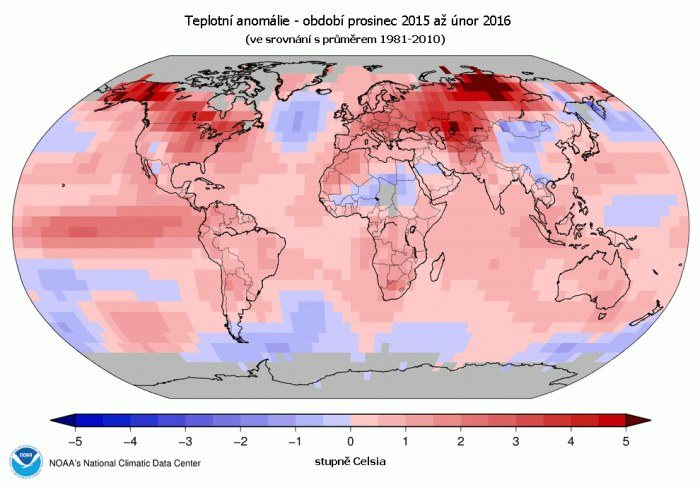 Teplotní anomálie - prosinec 2015 až únor 2016 (oproti průměru 1981-2010). 