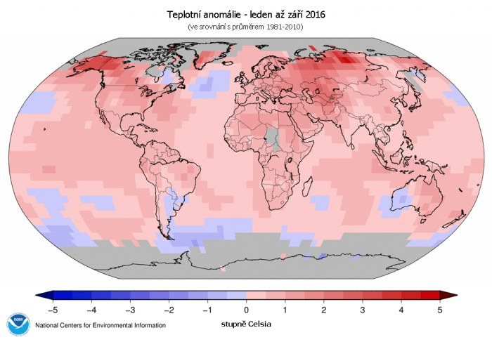 Teplotní anomálie - leden až září 2016 (oproti průměru 1981-2010). 