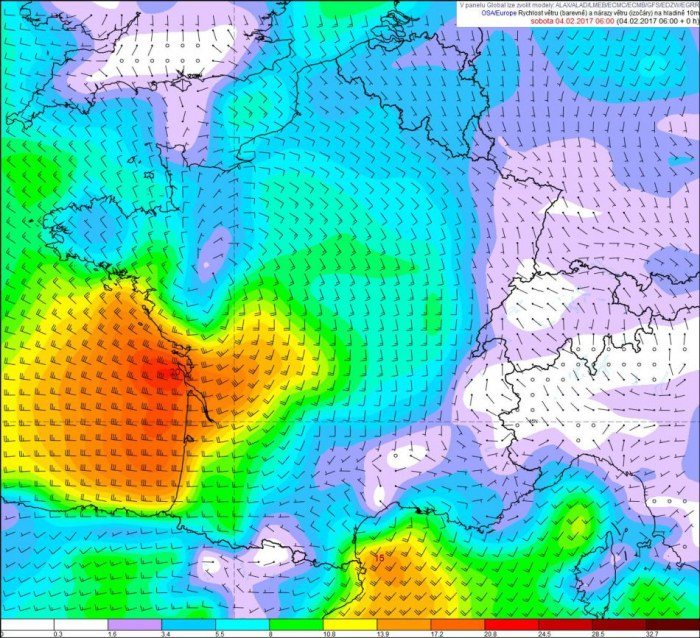 Objektivní analýza větru ve Francii v 7 hod. SEČ. Zdroj: ČHMÚ