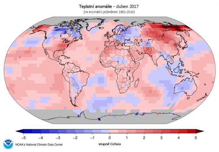 Teplotní anomálie - duben 2017 (oproti průměru 1981-2010). 