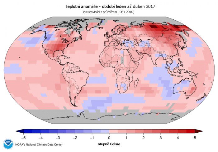 Teplotní anomálie - leden až duben 2017 (oproti průměru 1981-2010).