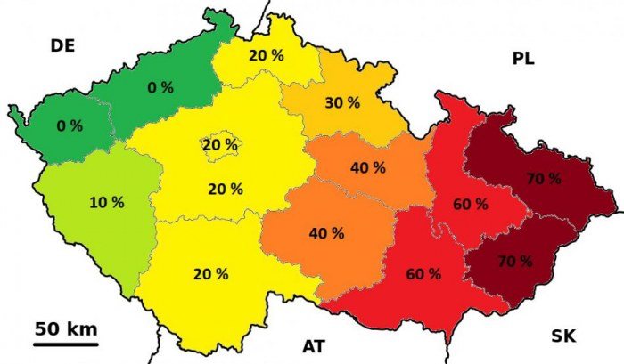 Pravděpodobnost výskytu bouřky v krajích ČR v neděli přes den. Zdroj: ČHMÚ
