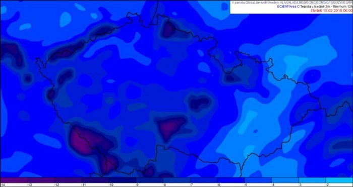 Předpověď nejnižších teplot na noc na čtvrtek 15. 2. 2018 podle modelu Evropského centra pro střednědobou předpověď ECMWF z 00 UTC