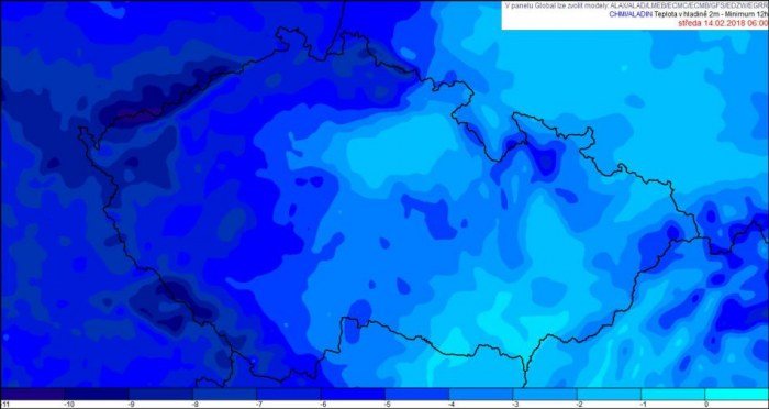 Předpověď nejnižších teplot na noc na středu 14. 2. 2018 podle modelu Aladin z 00 UTC