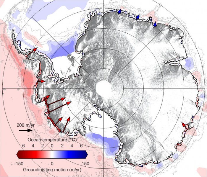 Posun hranice mezi pevninským a plovoucím mořským ledem a teploty vody u mořského dna v Jižním oceánu v letech 2010 až 2016