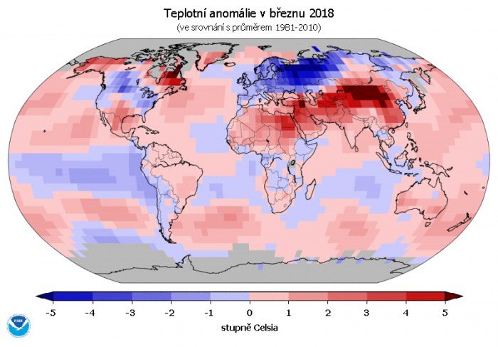 Teplotní anomálie v březnu 2018 (oproti průměru 1981-2010).