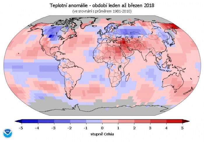 Teplotní anomálie - období leden až březen 2018 (oproti průměru 1981-2010). 