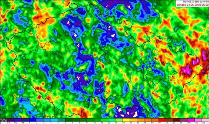 Radarové odhady týdenních srážkových úhrnů od 28. května 8 hod. do 4. června 8 hod. SELČ. Zdroj: ČHMÚ