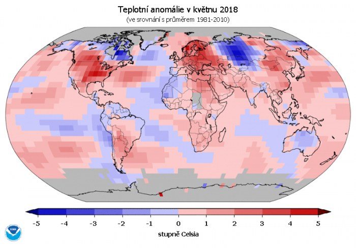 Teplotní anomálie v květnu 2018 (oproti průměru 1981-2010).