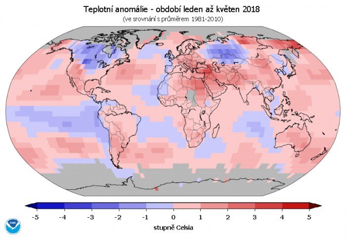Teplotní anomálie – období leden až květen 2018 (oproti průměru 1981-2010).