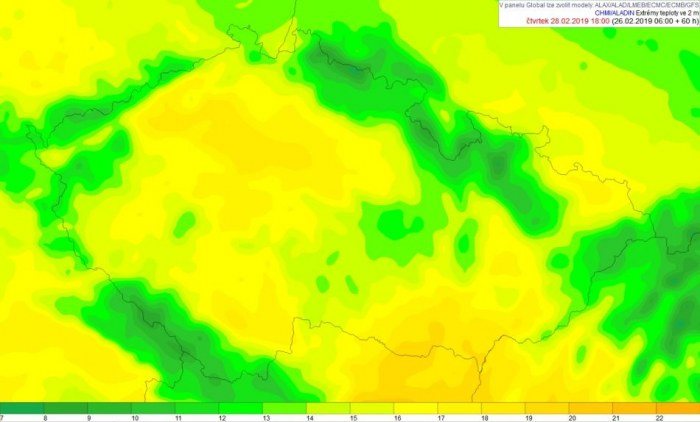 Předpověď maximální teploty vzduchu v °C v Česku ve čtvrtek 28. února 2019 (model Aladin)
