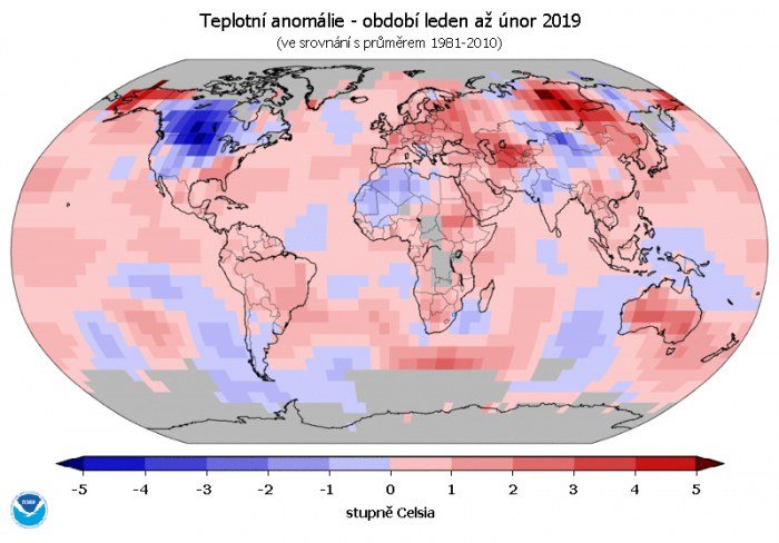 Teplotní anomálie – leden až únor 2019 (oproti průměru 1981-2010).
