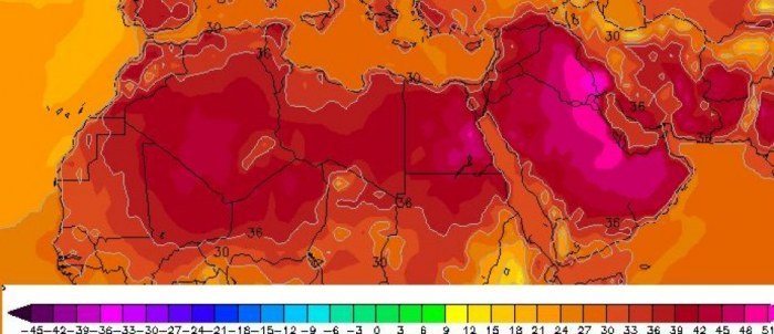 Teploty v severní Africe a na Arabském poloostrově podle modelu GFS [°C] (zdroj: wetterzentrale.de)