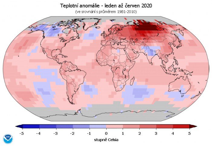Teplotní anomálie v roce 2020 – leden až červen (oproti průměru 1981-2010).