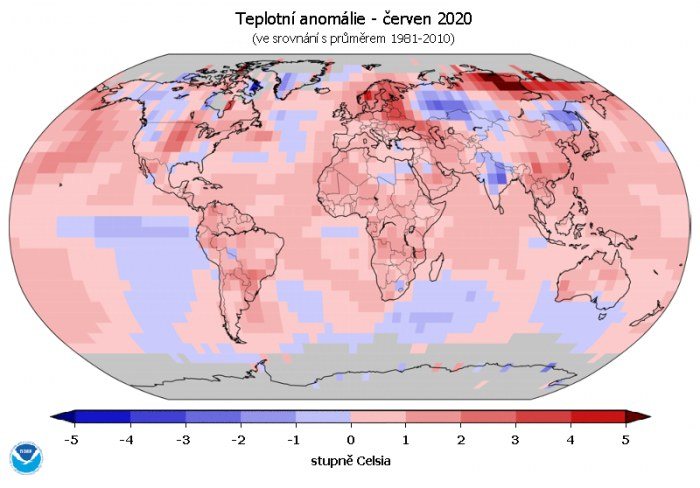 Teplotní anomálie v červnu 2020 (oproti průměru 1981-2010).