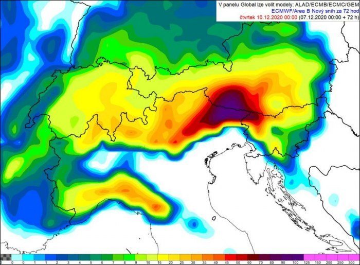 Předpověď množství nového sněhu podle modelu ECMWF za 72 hodin do čtvrtka 00 UTC