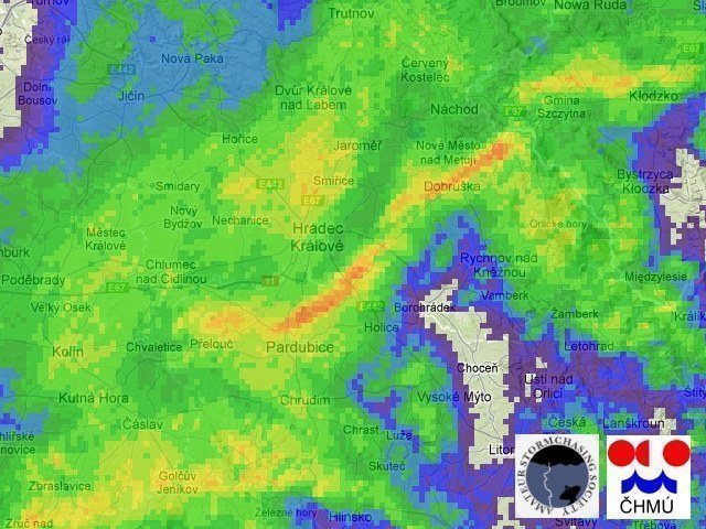 Radarové odrazy od ČHMÚ a radar.bourky.cz